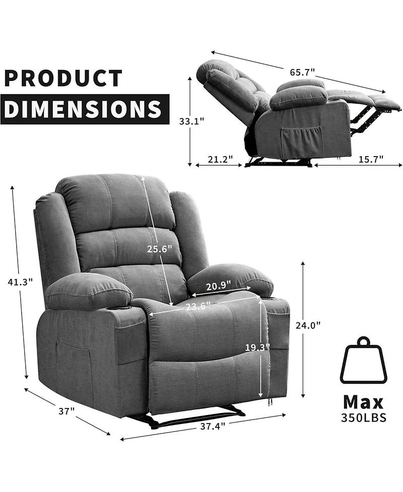 gaomon Recliner Chair, Comfy Overstuffed Chair with 3 Reclining Positions, 2 Side Pockets, 2 Front Pockets, Cup Holder