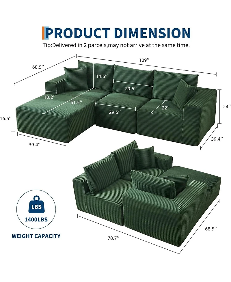 gaomon 108" Modular Sectional Sofa - L Shaped Boneless Cloud Couch with 67.5" Chaise, Reversible L/R Facing