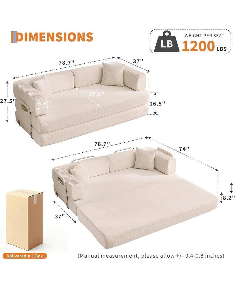 gaomon Convertible Couch - 78.7" Folding Sofa Bed with 2 Pillows, No Assembly Required for Living Room, Bedroom