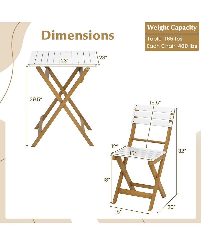 Gymax 3-Piece Folding Patio Bistro Set w/ Slatted Design Small Outdoor Furniture Set