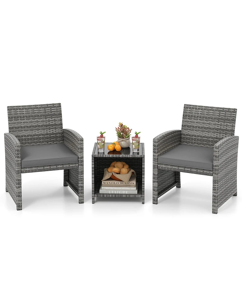 Gymax 3 Pieces Patio Furniture Set Pe Rattan Chairs w/ Storage Coffee Table