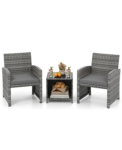 Gymax 3 Pieces Patio Furniture Set Pe Rattan Chairs w/ Storage Coffee Table