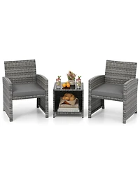Gymax 3 Pieces Patio Furniture Set Pe Rattan Chairs w/ Storage Coffee Table