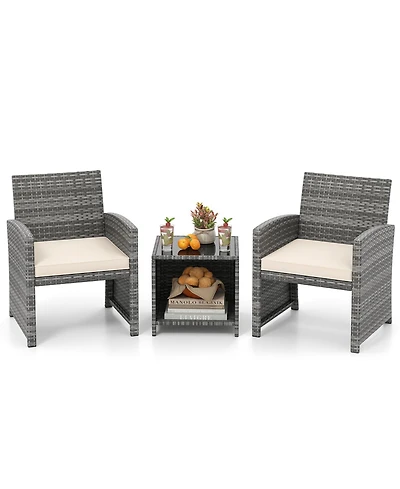 Gymax 3 Pieces Patio Furniture Set Pe Rattan Chairs w/ Storage Coffee Table