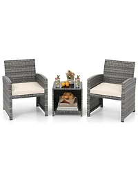 Gymax 3 Pieces Patio Furniture Set Pe Rattan Chairs w/ Storage Coffee Table