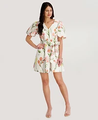 kensie Women's Embroidered Woven V-Neck Dress