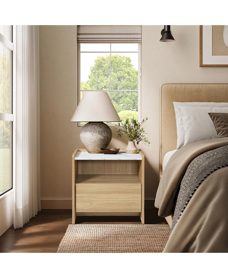 LuxenHome Hazel Oak Nightstand & End Table with Storage, Raised Sides, Faux Marble Top, Durable Manufactured Wood