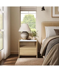 LuxenHome Hazel Oak Nightstand & End Table with Storage, Raised Sides, Faux Marble Top, Durable Manufactured Wood