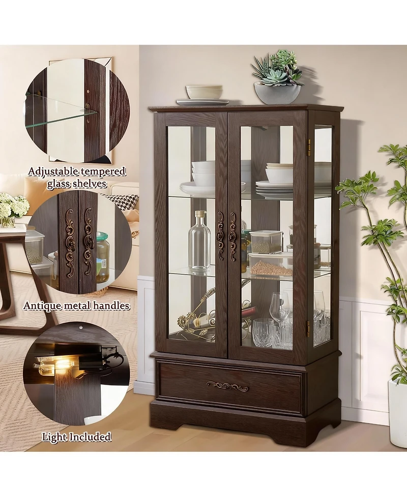 Yigii Antique Display Cabinet with Lighted Glass Doors and Mirrored Panel