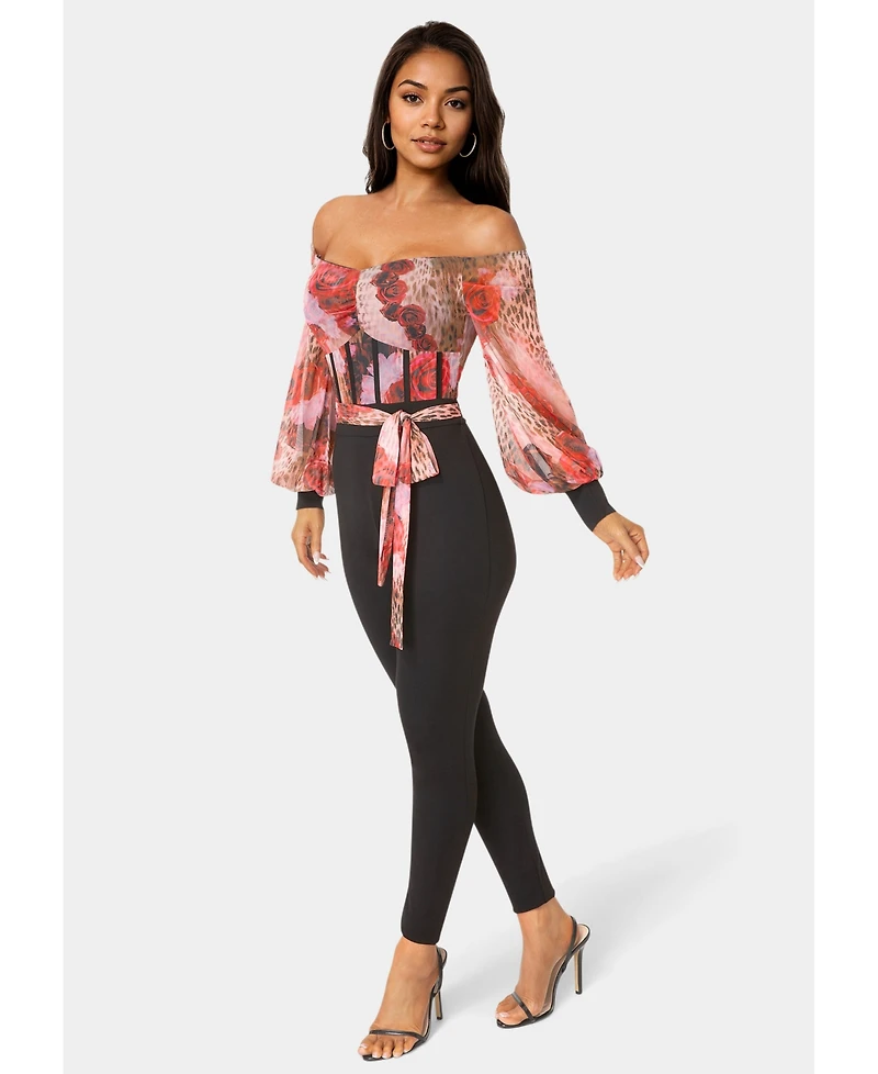 Bebe Women's Printed Mesh Off Shoulder Catsuit
