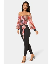 Bebe Women's Printed Mesh Off Shoulder Catsuit
