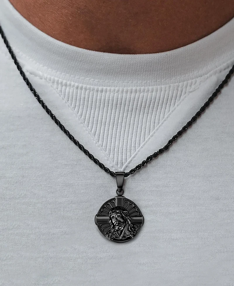 Rhona Sutton Men's Stainless Steel Black Plated Jesus Cross Coin Pendant Necklace
