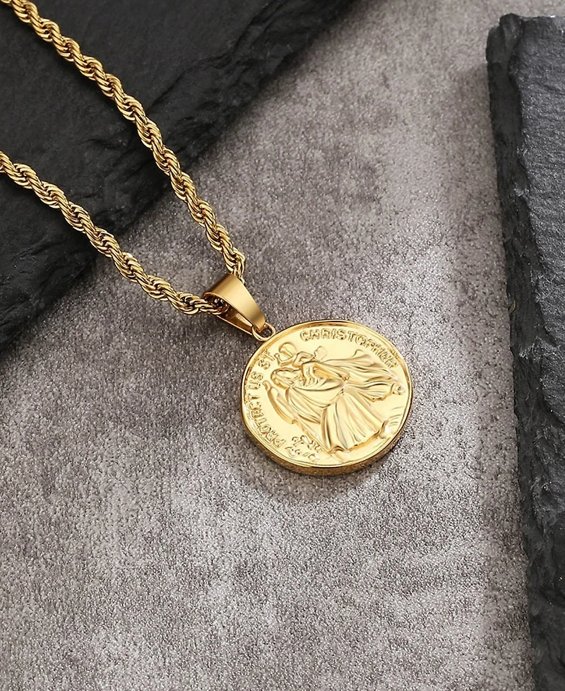 Rhona Sutton Men's Stainless Steel Coin Pendant Necklace in 18k Gold Plated