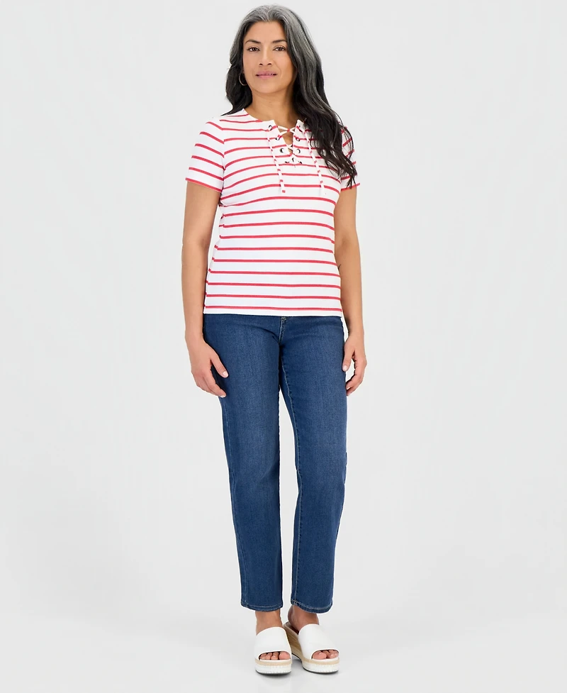 Style & Co Petite Striped Lace-Up Short-Sleeve Top, Macy's Exclusive
