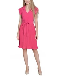Ny Collection Womens Plisse Pleated Short Sleeve Dress