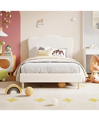 gaomon Upholstered Twin Xl Bed Frame for Kids with Scallop Headboard