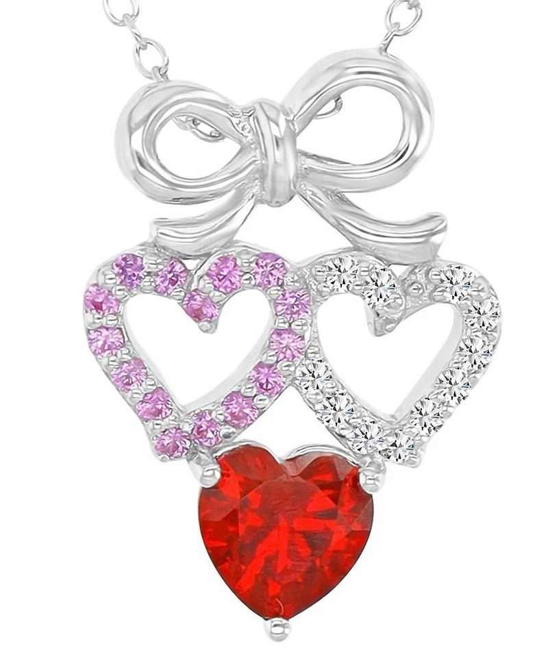 Macy's Ruby and Created White Sapphire Bow With Hearts Necklace in Rhodium Over Sterling Silver