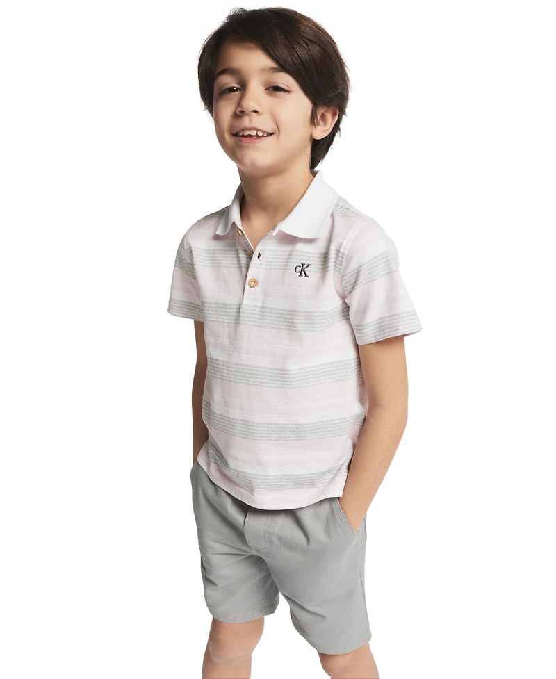 Calvin Klein Boys' Toddler 2T-4T Striped Polo Shirt and Twill Shorts, 2-Piece Set