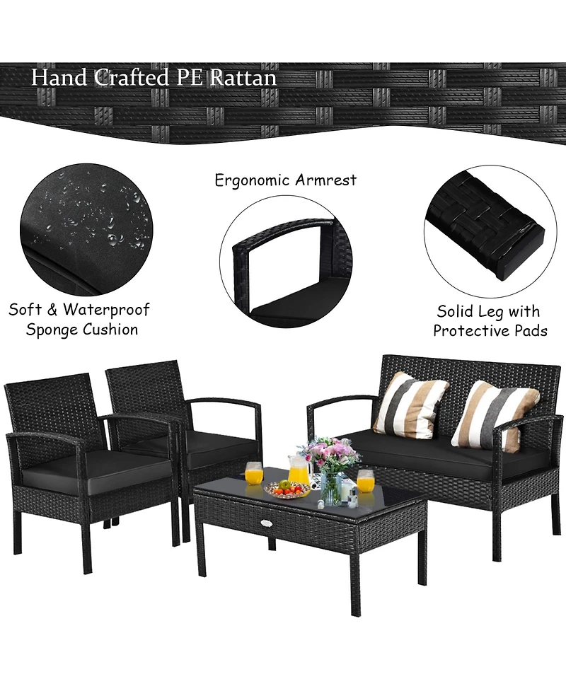 Gymax Set Of 4 Outdoor Patio Rattan Furniture Set Cushioned Sofa Coffee Table Garden Deck