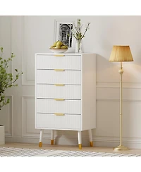 gaomon Fluted 5 Drawer Dresser Tall Dressers with Gold Metal Handles Small Storage Chest Cabinet Organizer Wood of Drawers