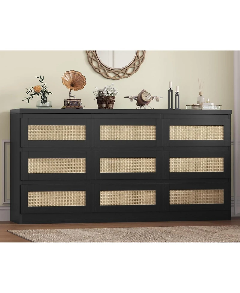 gaomon Rattan 9 Drawer Dresser with Charging Station, Farmhouse Chest of Drawers, Wide Closet Storage Organizer for Bedroom, Living Room