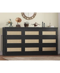 gaomon Rattan 9 Drawer Dresser with Charging Station, Farmhouse Chest of Drawers, Wide Closet Storage Organizer for Bedroom, Living Room
