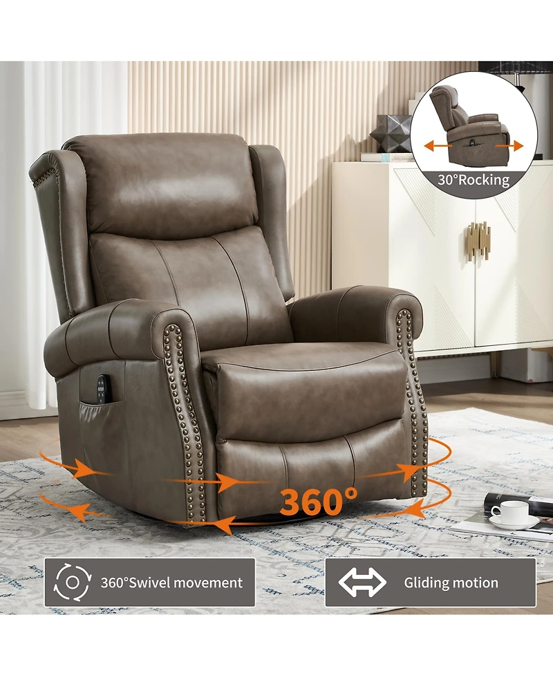 Clihome Heat Massage Manual Recliner Chair with Rocker and Swivel Genuine Leather for Living Room