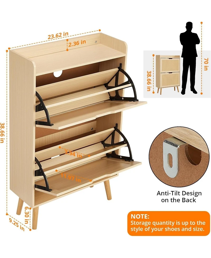 gaomon Slim Rattan 2 Drawer Anti Tip Hidden Shoe Storage Cabinet