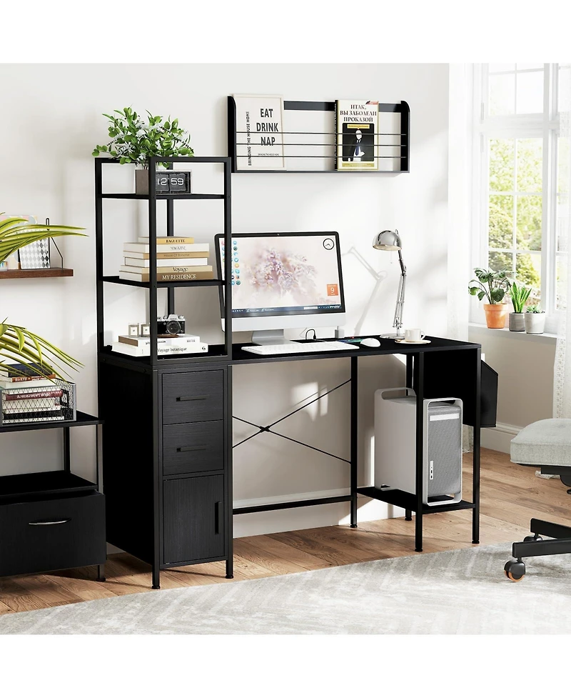 Mecale Computer Desk with Led Lights and Power Outlets, Open Shelves Home Office Desk