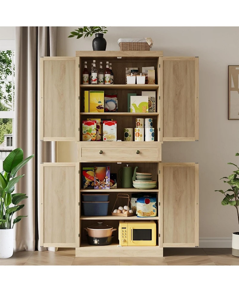 gaomon 72" Wooden Tall Pantry Cabinet, Kitchen Pantry Storage Cabinets with 4 Door & 4 Adjustable Shelves and a Drawer, Farmhouse Pantry Storage