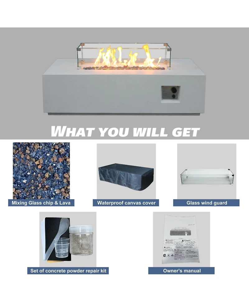 Flynama 52 Inch Outdoor Rectangle Concrete Propane Fire Pit Table Antique White Glass Fiber Reinforced Gfrc Adjustable Flame