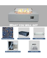 Flynama 52 Inch Outdoor Rectangle Concrete Propane Fire Pit Table Antique White Glass Fiber Reinforced Gfrc Adjustable Flame
