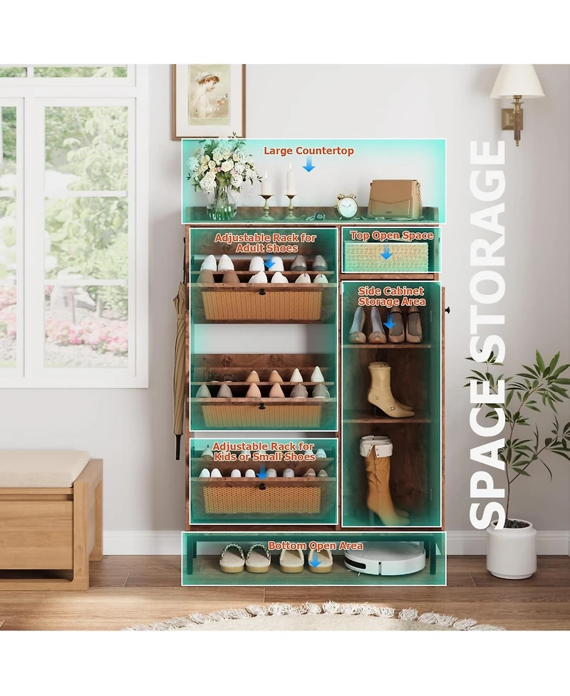 gaomon Shoe Cabinet Rattan with 3 Flip Drawers and 4-Tier Shoe Storage Cabinet