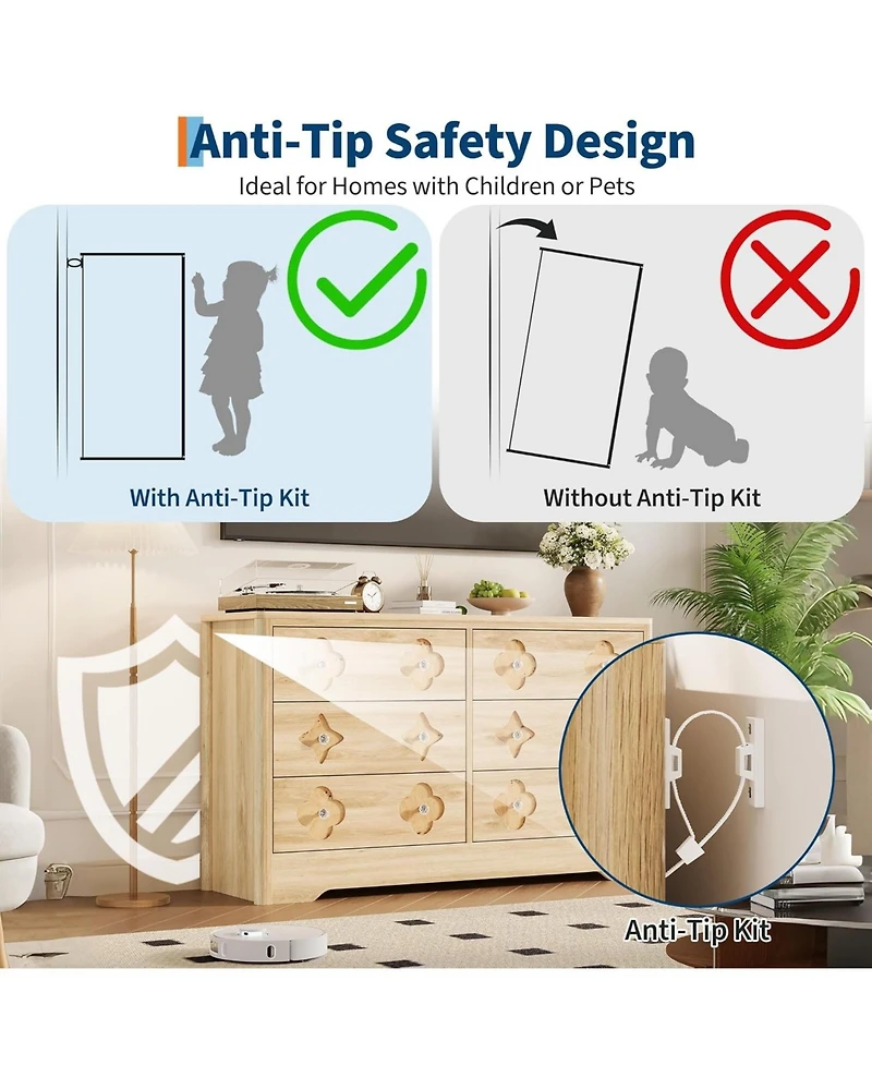 gaomon 6 Drawer Dresser for Bedroom, Wide Dresser, Boho Chest of Drawers, Wooden Chest with Clothes Storage Cabinet, Decorative Drawer Front Organizer