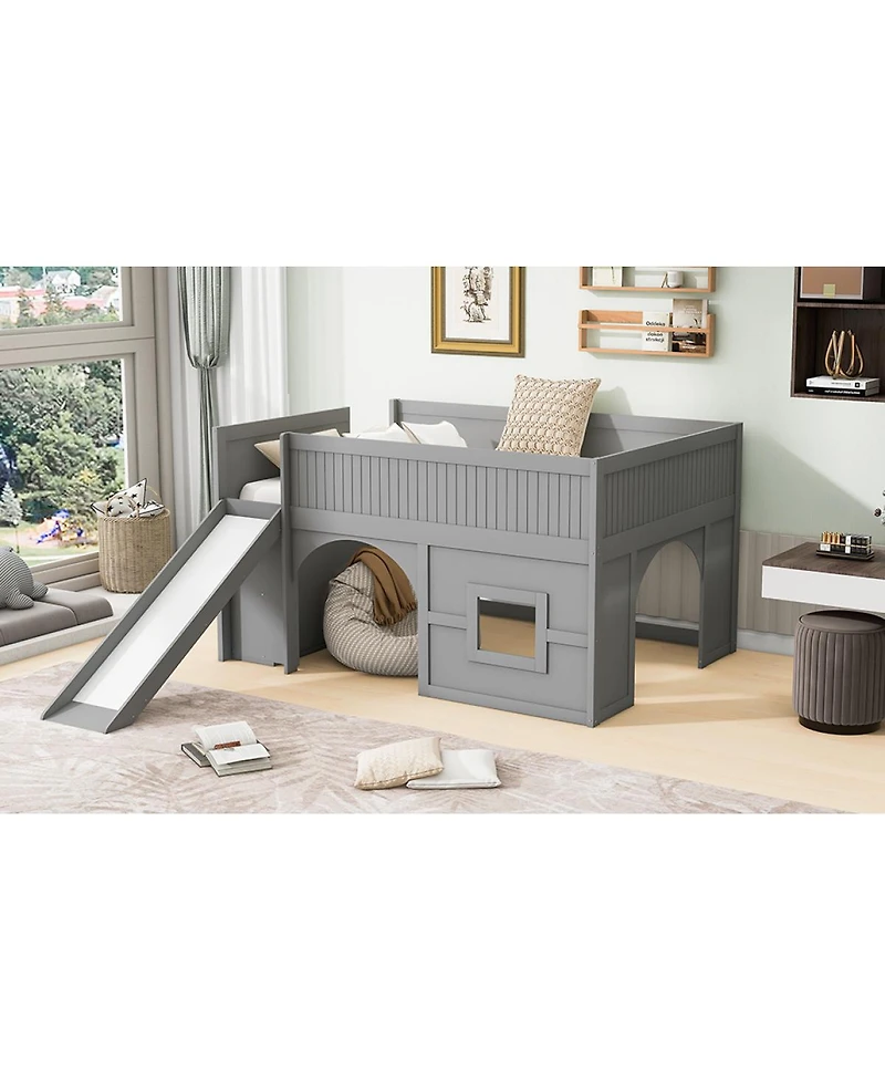Streamdale Furniture Full Size Wooden Low Loft Bed with Storage, Slide, Door, Window