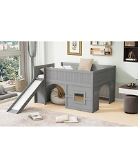 Streamdale Furniture Full Size Wooden Low Loft Bed with Storage, Slide, Door, Window