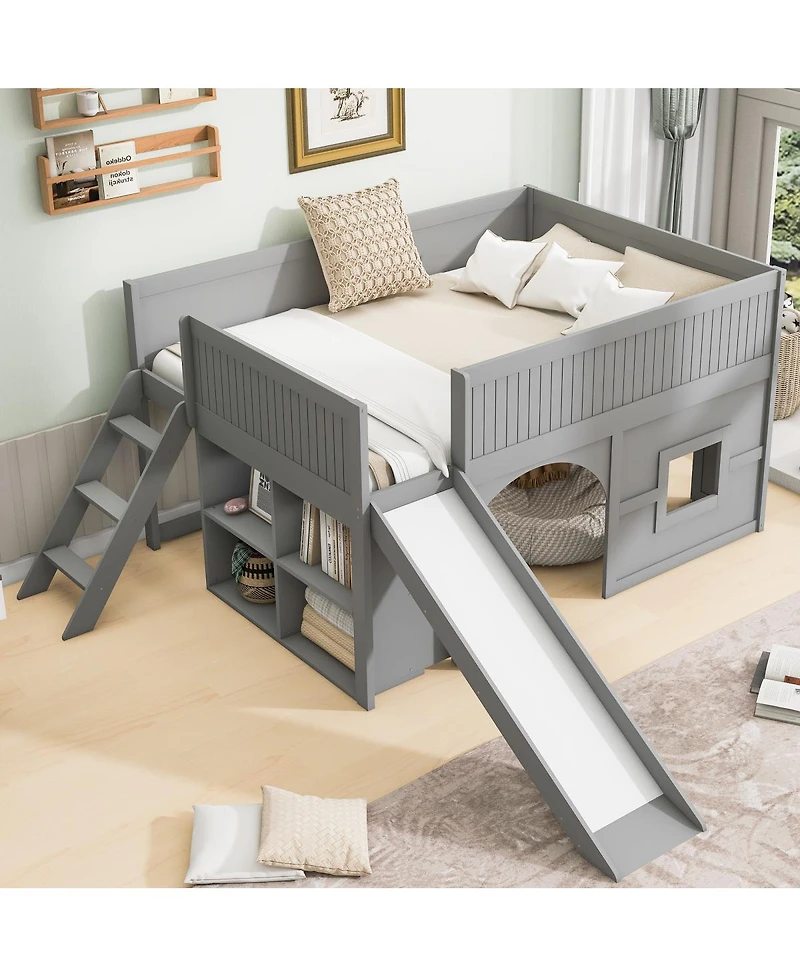 Streamdale Furniture Full Size Wooden Low Loft Bed with Storage, Slide, Door, Window