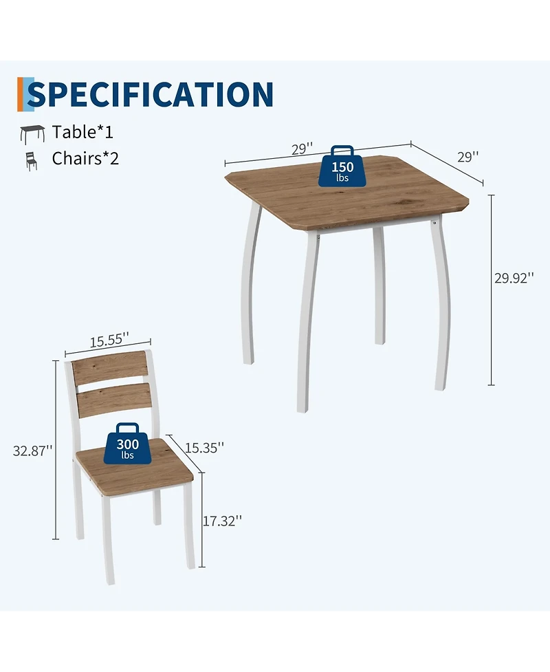 gaomon 3 Piece Dining Table Set for 2, Small Kitchen Table Set with 2 Upholstered Chairs and Metal Frame & Wood Tabletop