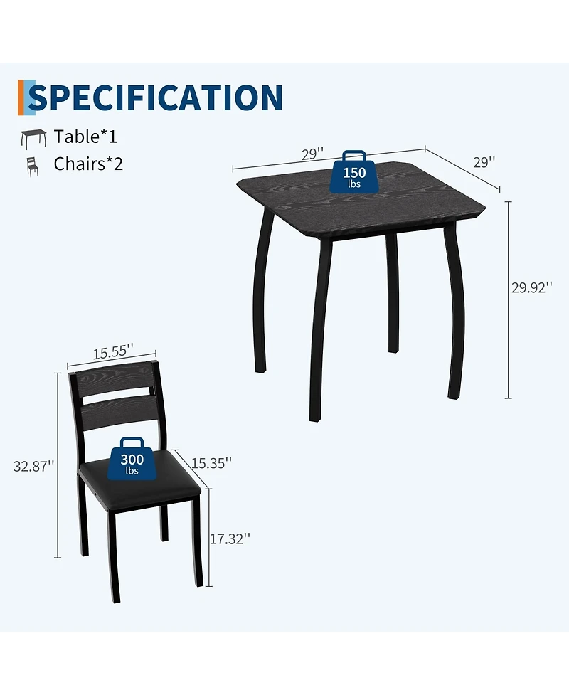gaomon 3 Piece Dining Table Set for 2, Small Kitchen Table Set with 2 Upholstered Chairs and Metal Frame & Wood Tabletop
