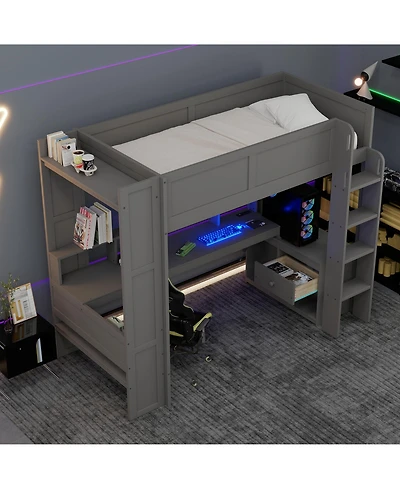 Flynama Twin Size Gaming Loft Bed Built In Desk Charging Station Storage Shelves Led Lighting Space Saving Kids Teens Furniture