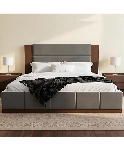 Streamdale Furniture Velvet Upholstered King Bed Frame with Extended Wood Headboard