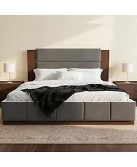 Streamdale Furniture Velvet Upholstered King Bed Frame with Extended Wood Headboard
