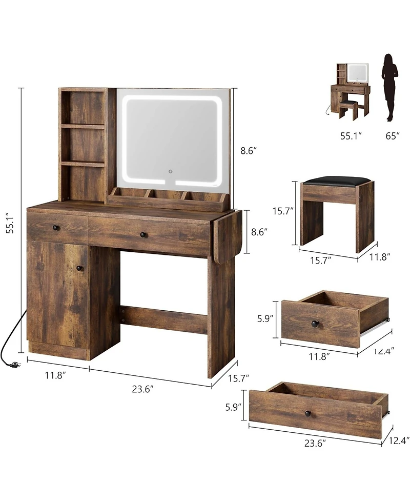 gaomon Wood Makeup Vanity Desk with Lighted Mirror, Drawer, Power Outlet & Storage Chair – 3 Shelf Vanity Table Set