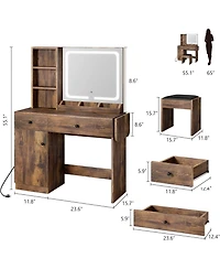gaomon Wood Makeup Vanity Desk with Lighted Mirror, Drawer, Power Outlet & Storage Chair – 3 Shelf Vanity Table Set