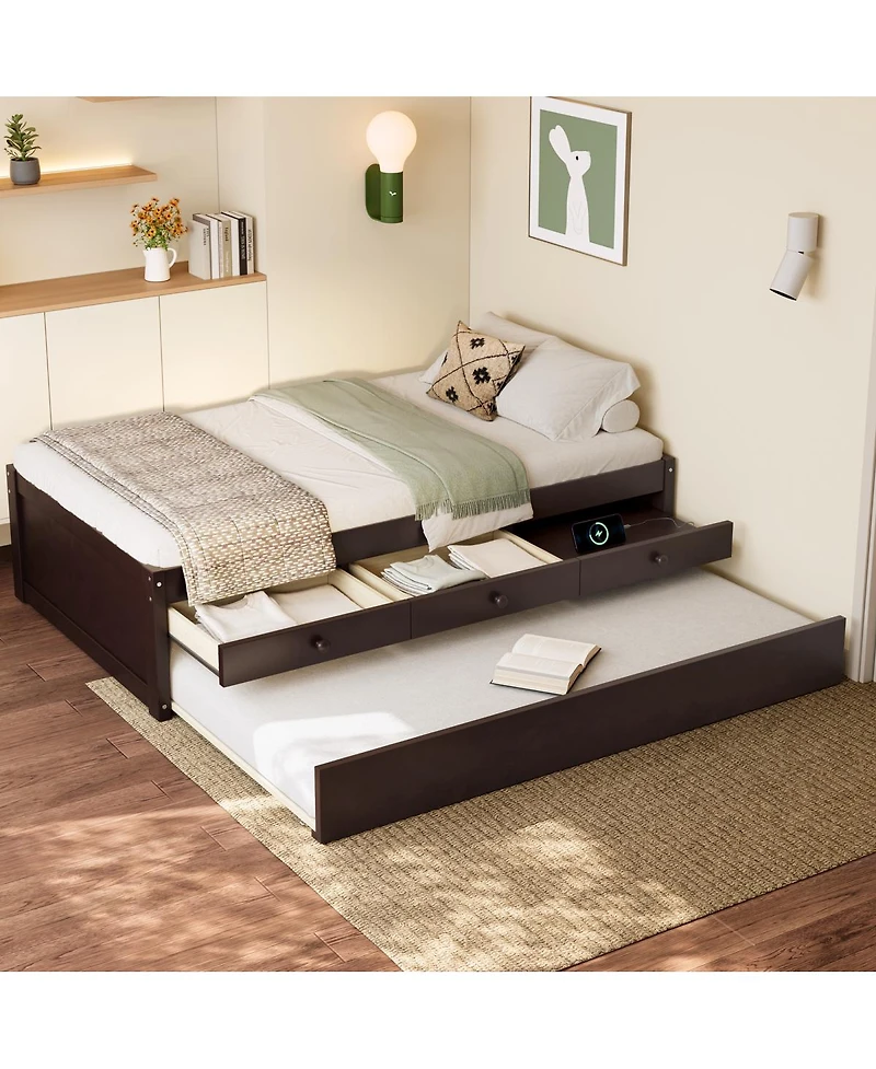 Streamdale Furniture Streamdale Twin Platform Bed with Trundle, 2 Drawers & Power Strip, Espresso