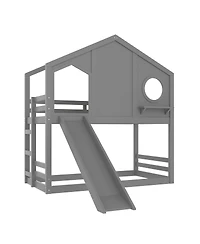 Streamdale Furniture Twin House Bunk Bed with Slide & Storage Shelves, Solid Wood Loft Bed