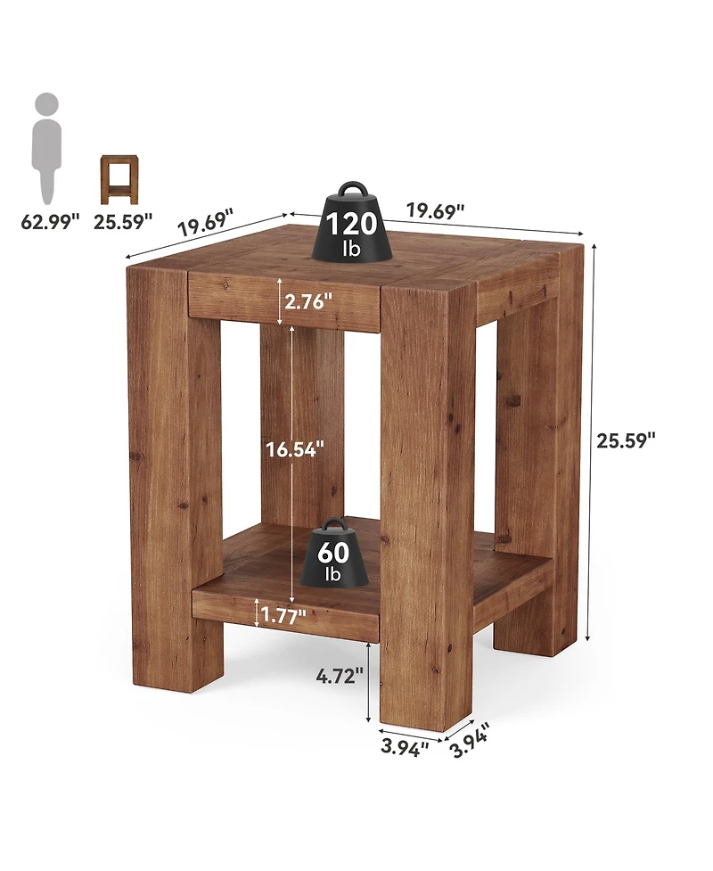 Tribesigns 19.69" Solid Wood Side Table Set of 2, Farmhouse 2-Tier End Table with Storage Shelves