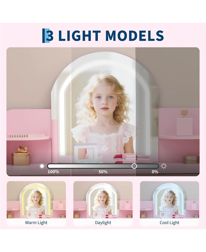 gaomon Kids Vanity with Lighted Mirror & Stool, Little Girls Adjustable Led Light