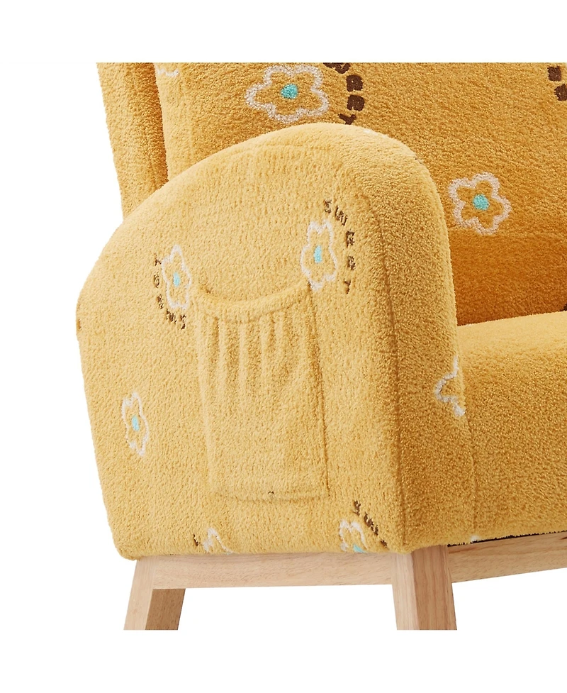 Flynama Mustard Boucle Modern Nursery Rocking Chair Mid Century Accent Armchair Side Pocket High Back Wooden Legs for Living Room Kids Bedroom