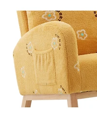 Flynama Mustard Boucle Modern Nursery Rocking Chair Mid Century Accent Armchair Side Pocket High Back Wooden Legs for Living Room Kids Bedroom